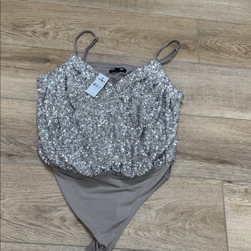 Express Glittering Silver Bodysuit